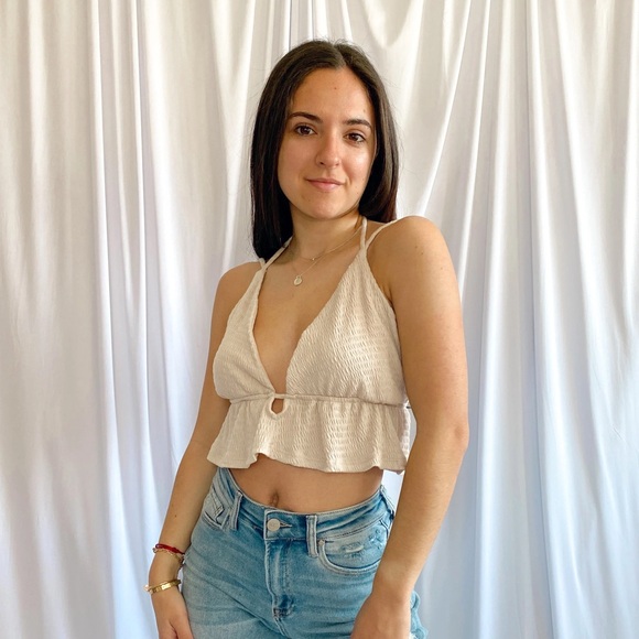 Tops - Smocked Cream V Neck Halter Tank Top